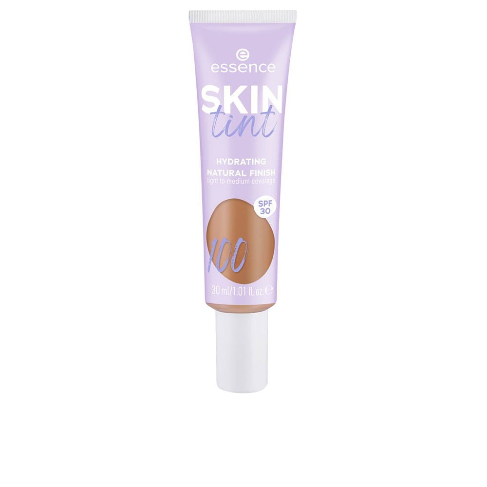 Essence Lavender and white plastic tube with brown color swatch, white screw cap, printed SPF 30 text