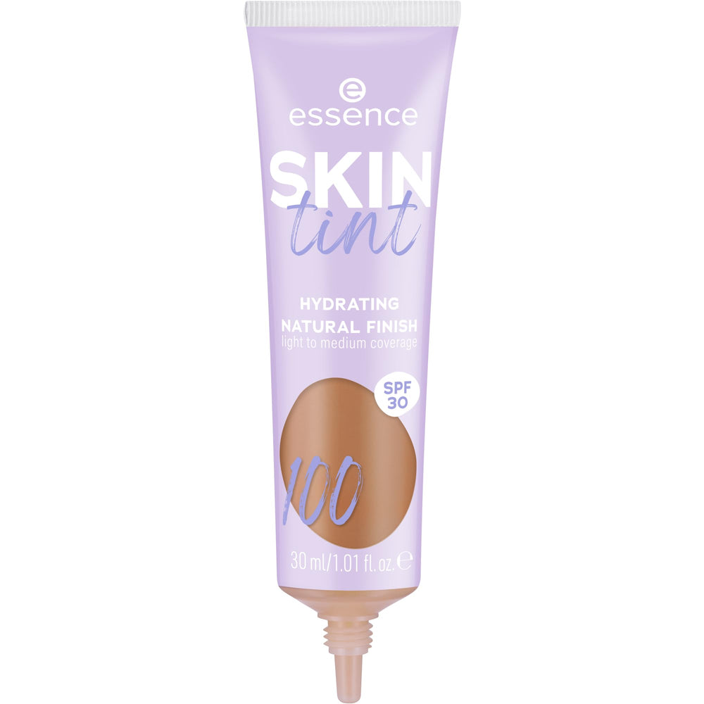 Essence Lavender and white plastic tube with brown color swatch, white screw cap, printed SPF 30 text