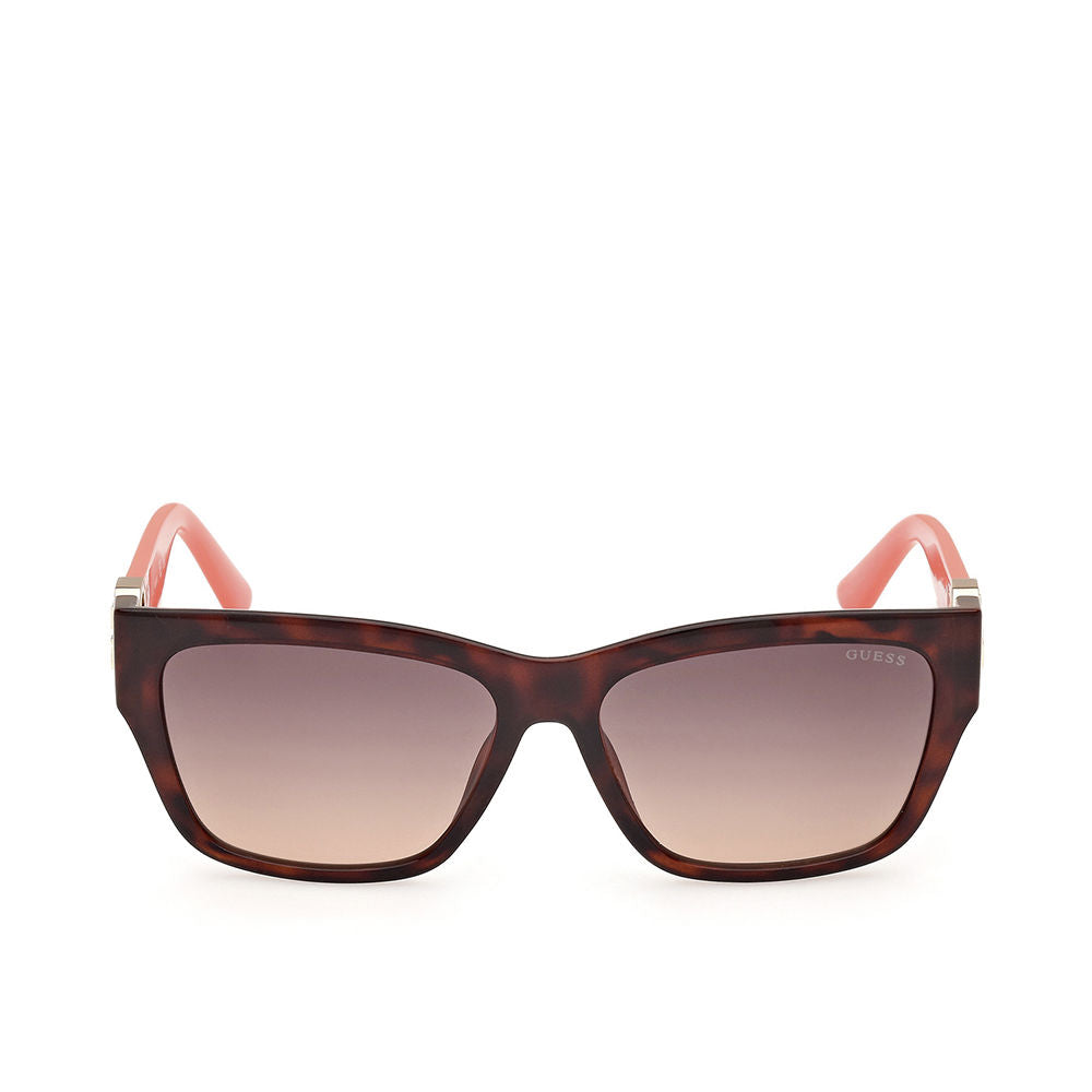 Guess Brown tortoiseshell rectangular sunglasses with gradient brown lenses, pink temple arms and metal hinge accents from