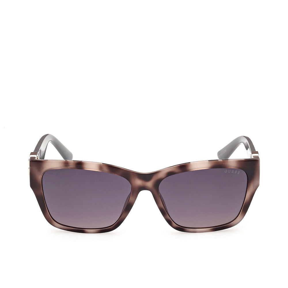 Brown tortoiseshell rectangular plastic sunglasses with dark gray gradient lenses, GUESS logo on lens