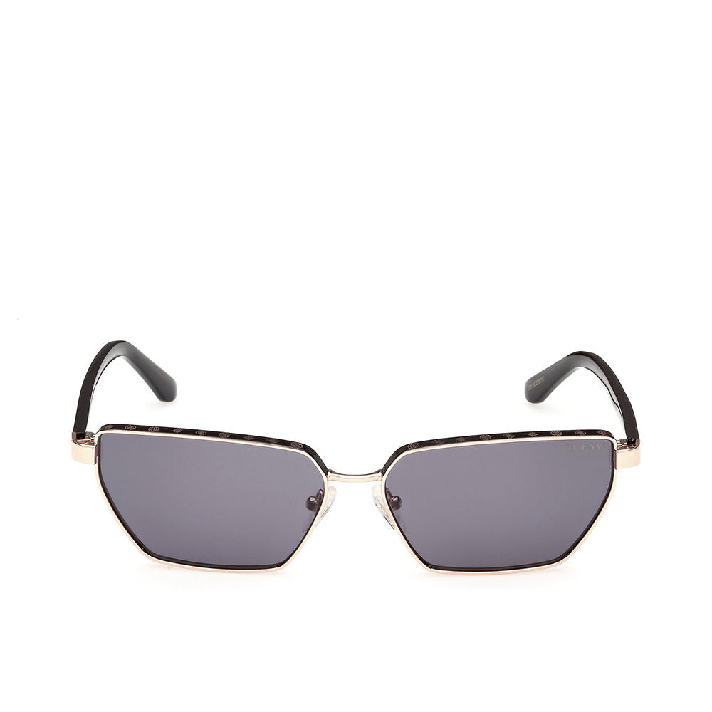 Guess Black and gold geometric sunglasses, thin metal frame, dark tinted lenses, decorative top-edge pattern