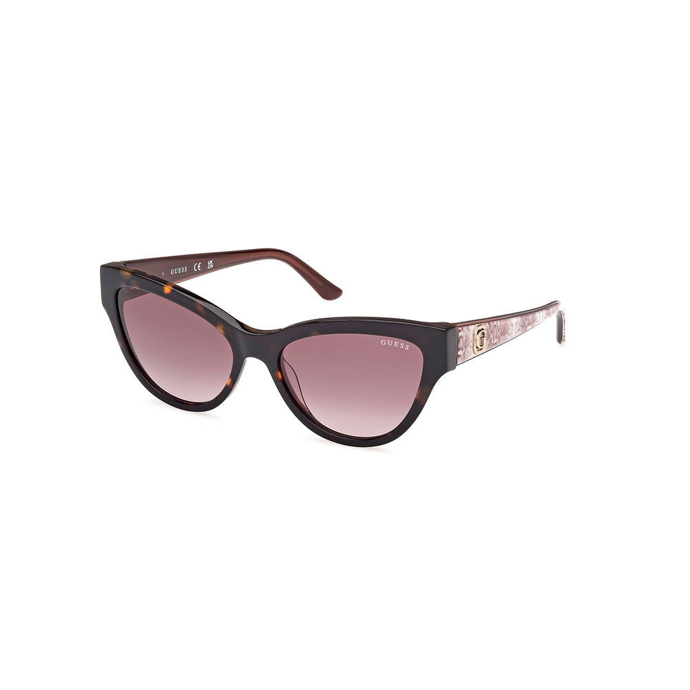 Brown and pink plastic cat-eye sunglasses with gradient lenses and logo detail on temple, Guess