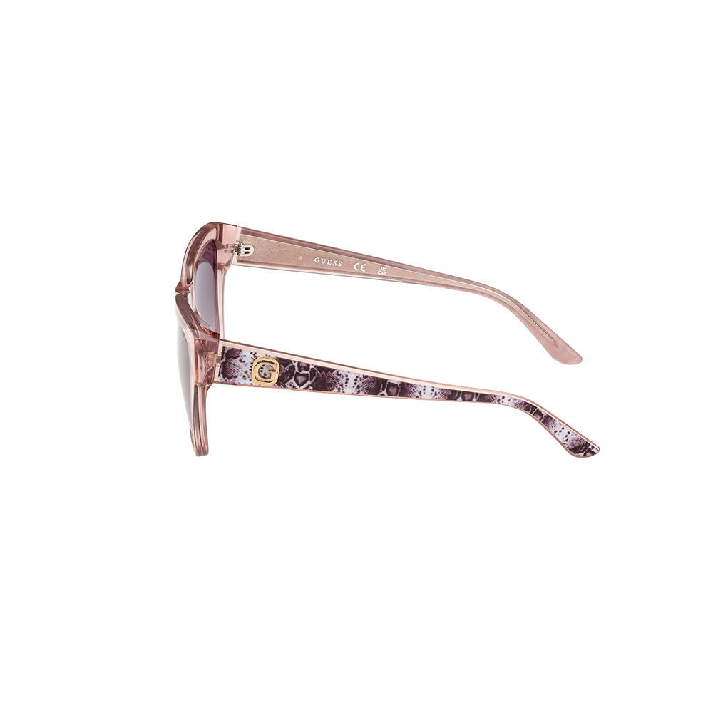 Guess Beige square plastic sunglasses with pink-purple gradient lenses, patterned animal-print arms, logo detail