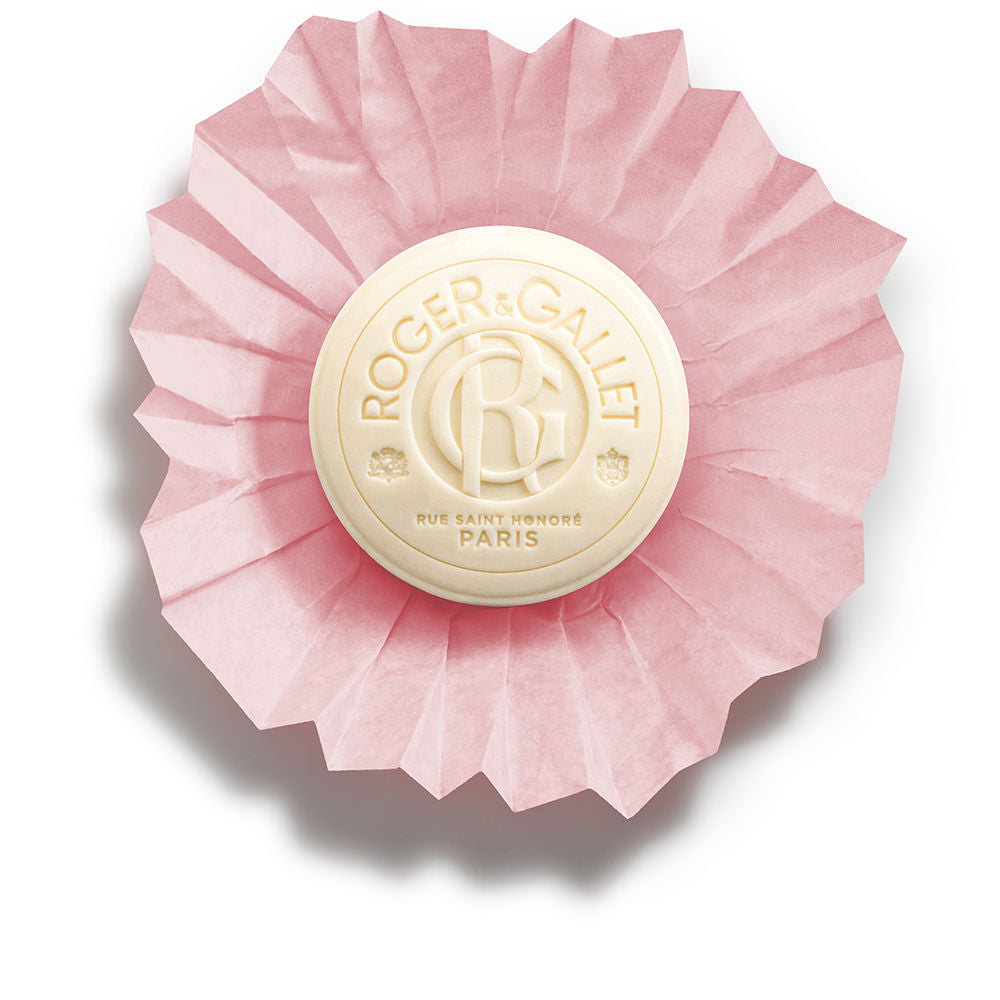 Roger &amp; Gallet Cream and pink round soap with embossed text, fluted paper wrapper and centered logo design, .