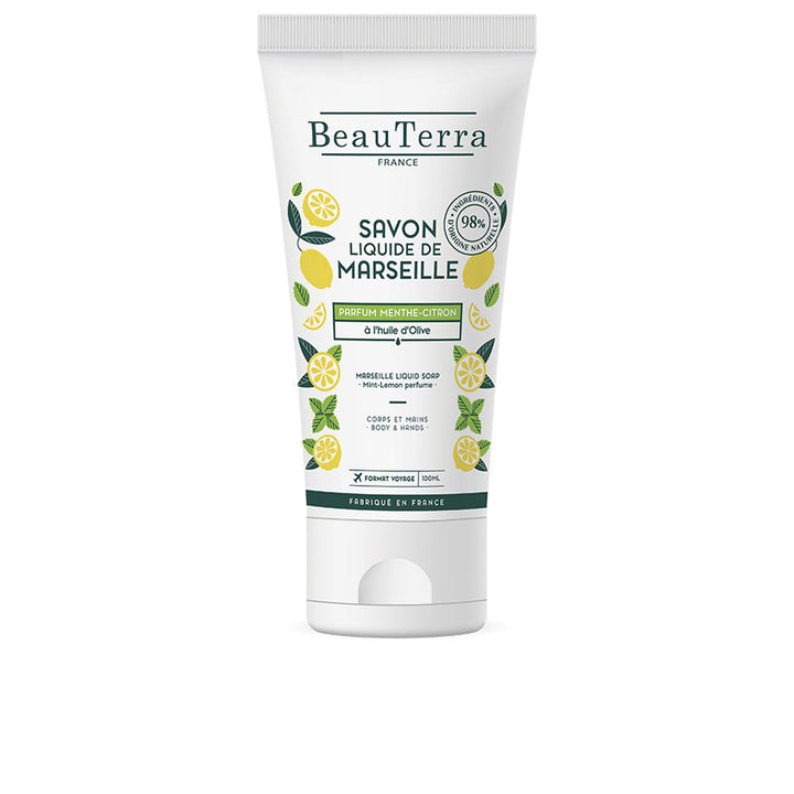 Clear pump bottle of mint and lemon Marseille liquid soap, 100 ml, recycled packaging