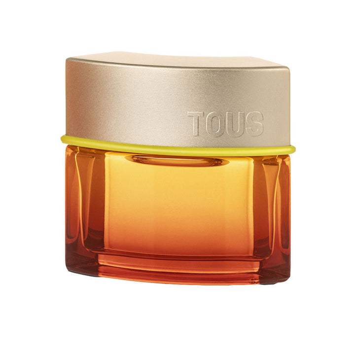 Curved prism bottle, red–orange gradient, lime-trimmed gold cap, 50 ml Eau de Toilette