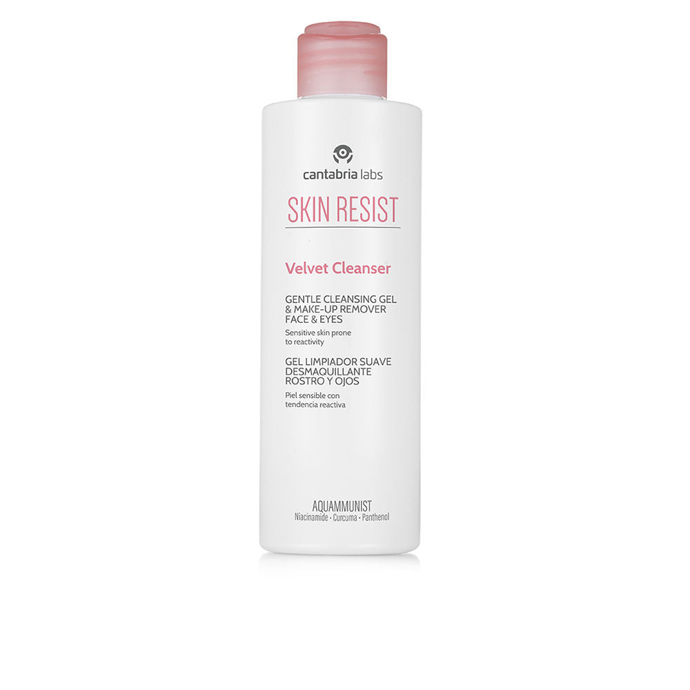 Skin Resist Minimalist cylindrical plastic cleanser bottle, white body with pink flip-top cap, printed logo and text