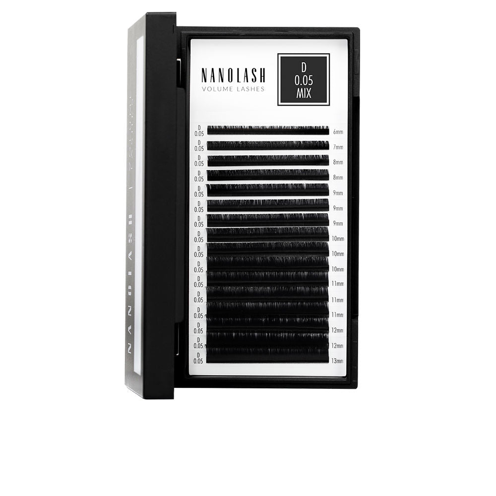 Nanolash Black and white box of silk volume eyelash extensions with multiple rows and length labels