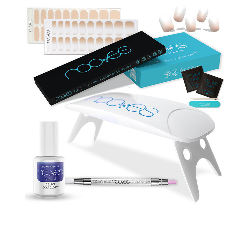 Nooves modern, minimalistic nail gel kit showing foldable-legged lamp, gel top coat bottle, stickers, dual tool, small file