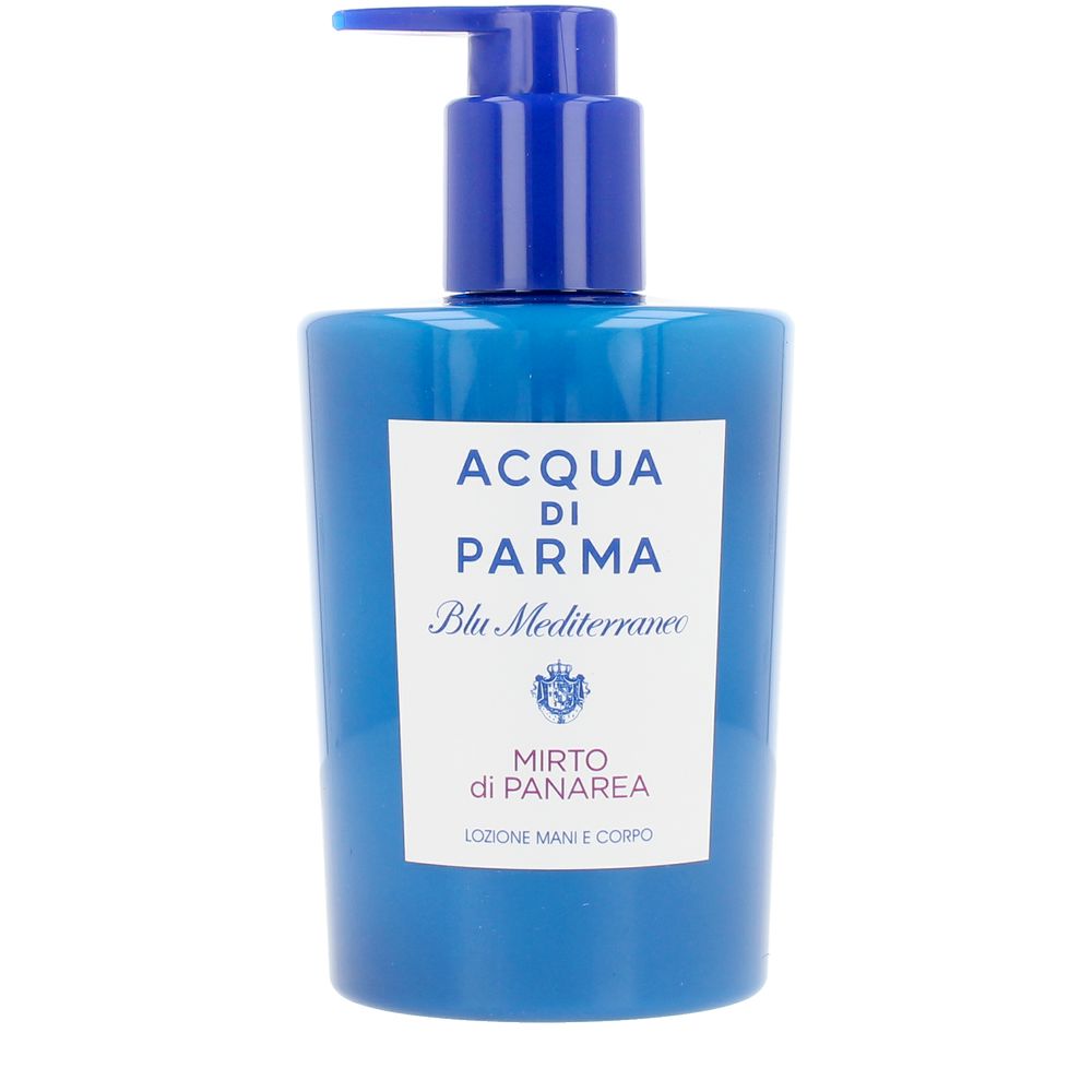 Acqua di Parma blue plastic body lotion bottle with pump, rectangular label, visible brand logo and text