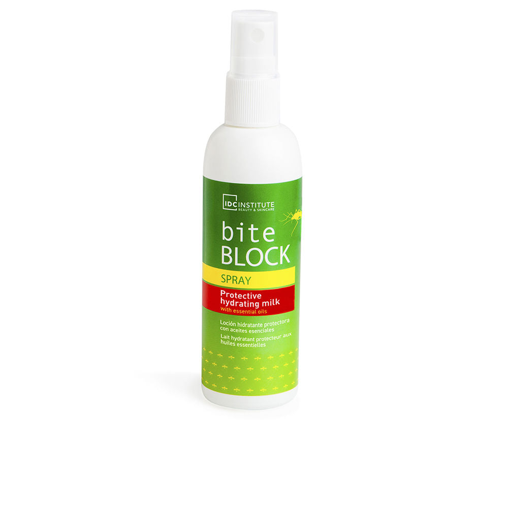 IDC Institute White plastic spray bottle with green, yellow, red label, spray nozzle; modern, clean bath &amp; body design
