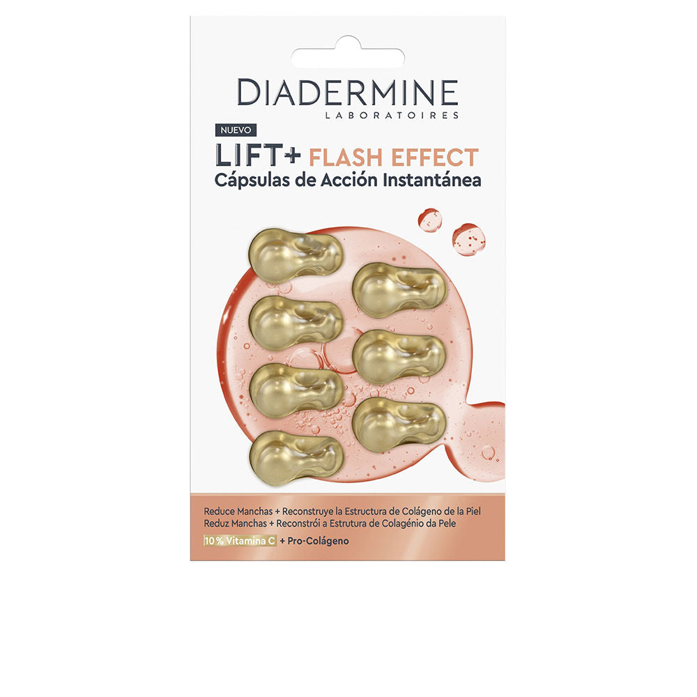 Diadermine White, gold and peach plastic capsules with liquid droplets beside modern cardboard packaging, expert-crafted detail.