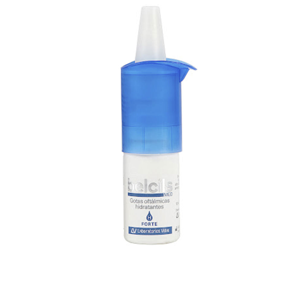 Small clear eye drop bottle labeled Belcils hydrating sodium hyaluronate drops