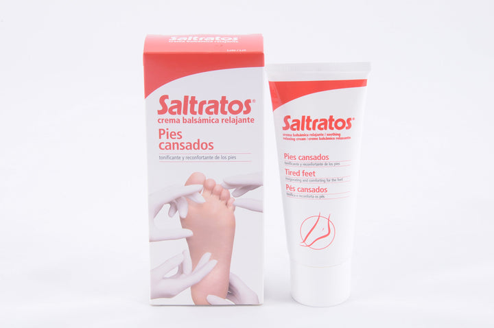 Saltratos White and red plastic tube and cardboard box of foot cream, simple clinical design, foot illustration