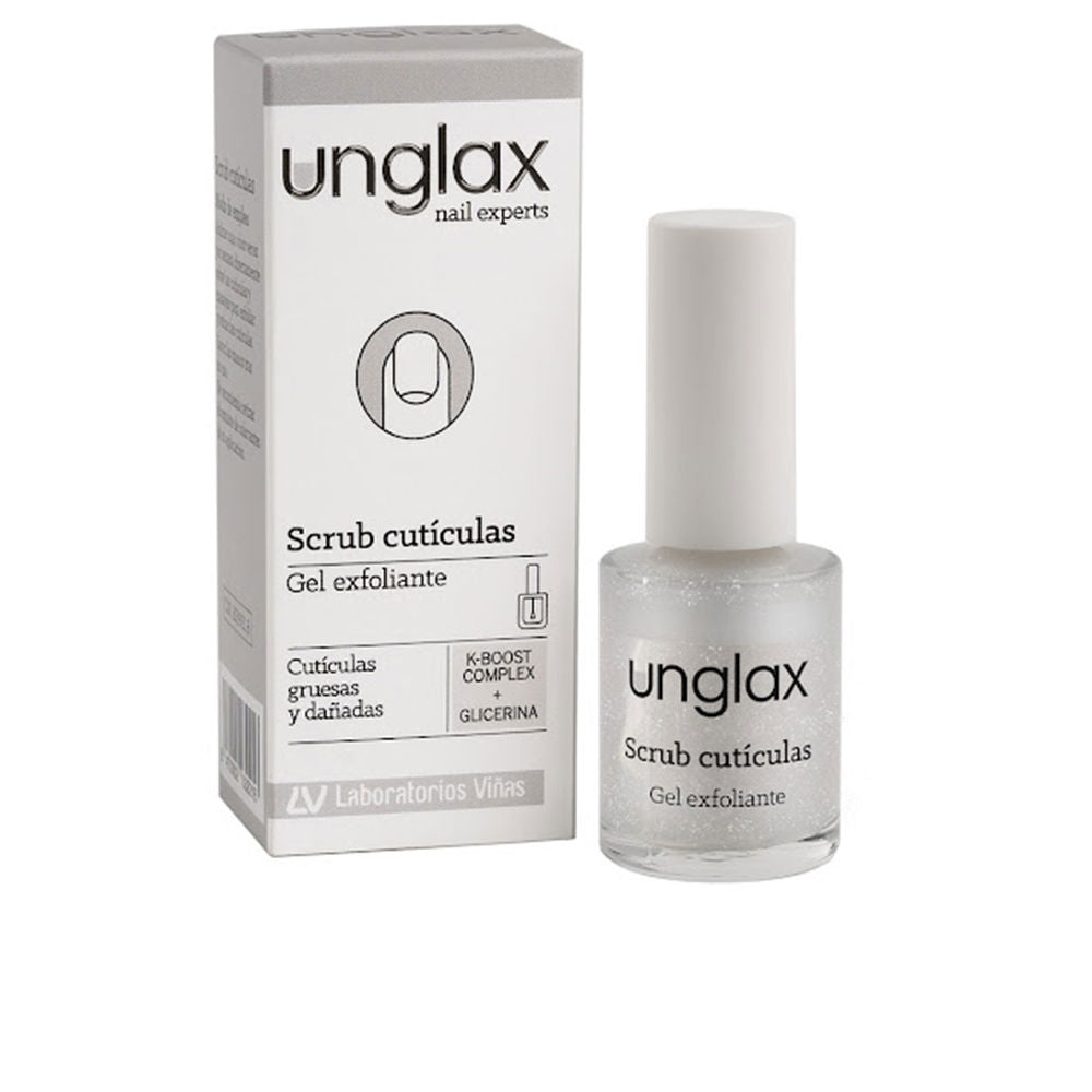 Unglax Glass bottle and box of white-gray cuticle scrub gel with cap, minimalist printed text and logo, .