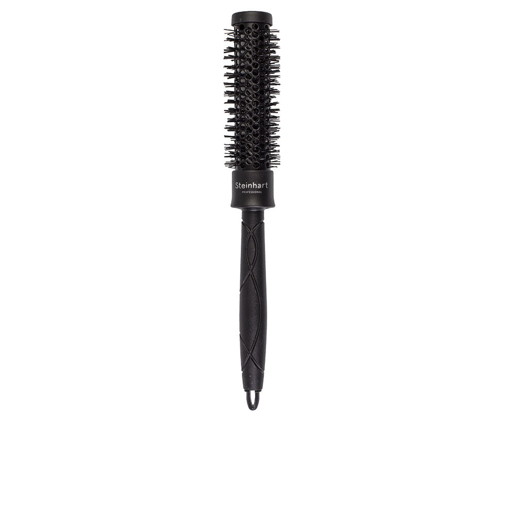 Black thermal ionic round hair brush with vented barrel, ergonomic handle, Unisex styling tool