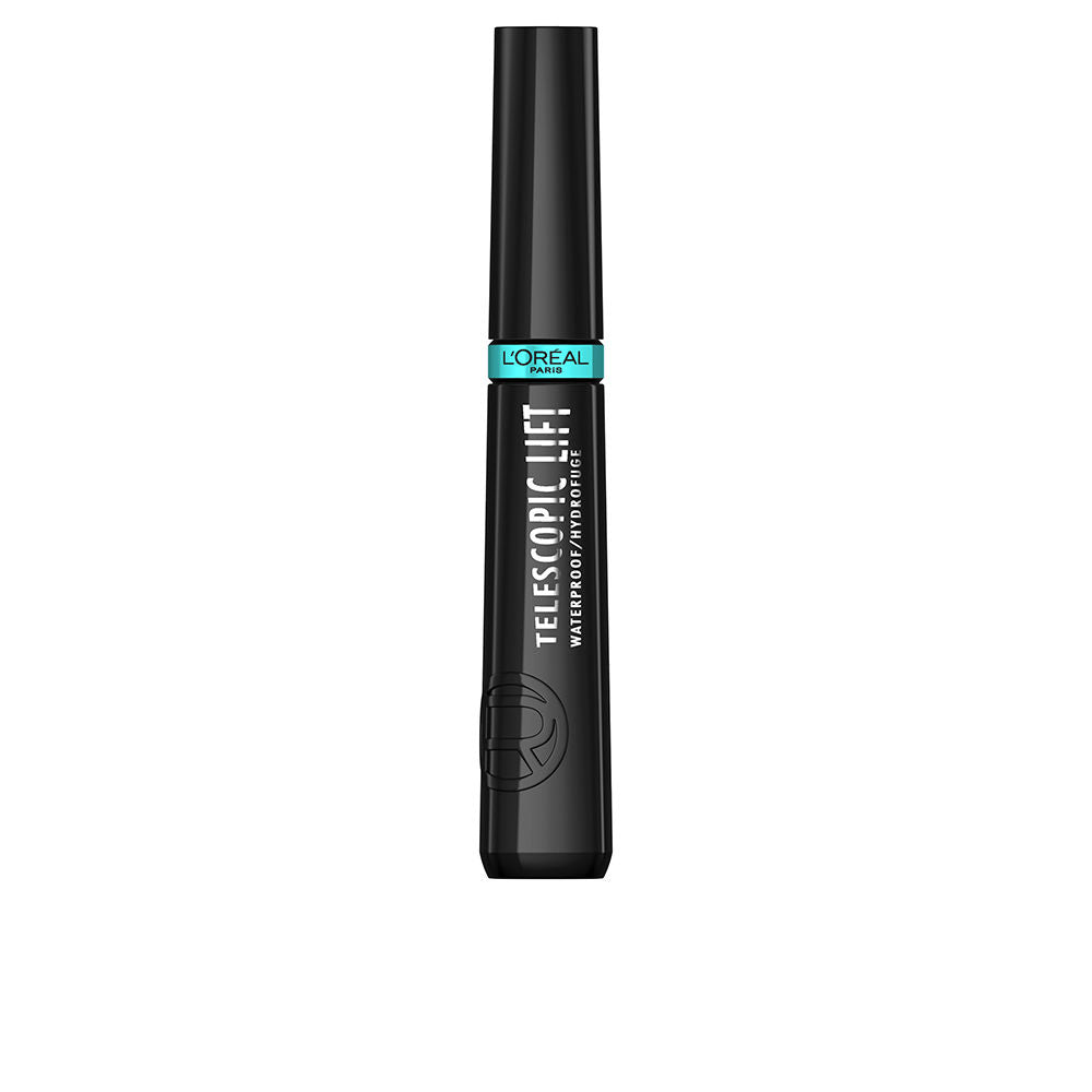 L'Oréal Paris Black plastic cylindrical mascara tube with turquoise accent, twist-off cap, printed logo and waterproof text
