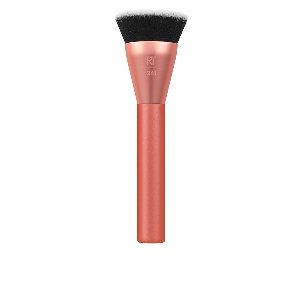 Real Techniques Rose gold metallic-handle contour brush with dense flat-top synthetic bristles, modern sleek design