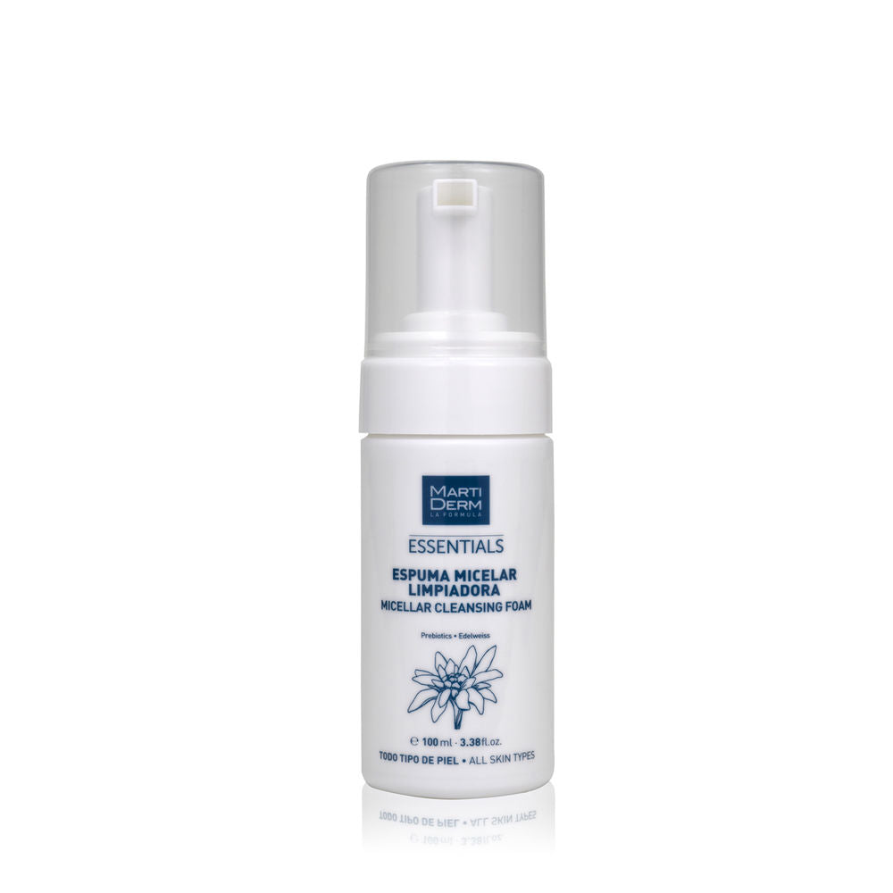 Bottle of Martiderm micellar foam with soft white foam on fingertips