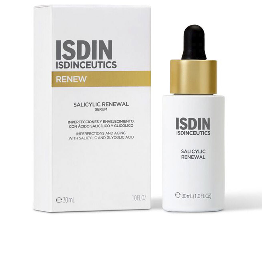 Isdin White and gold dropper serum bottle and rectangular box with gold band, minimalist printed text, small size