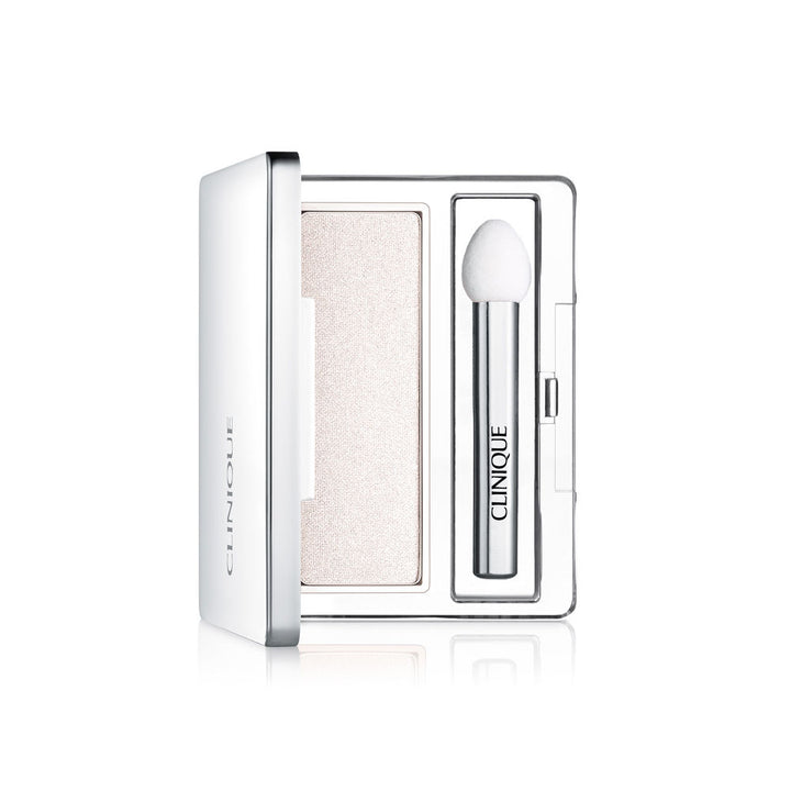 Compact metalised powder eye shadow in pale neutral shade with sponge applicator