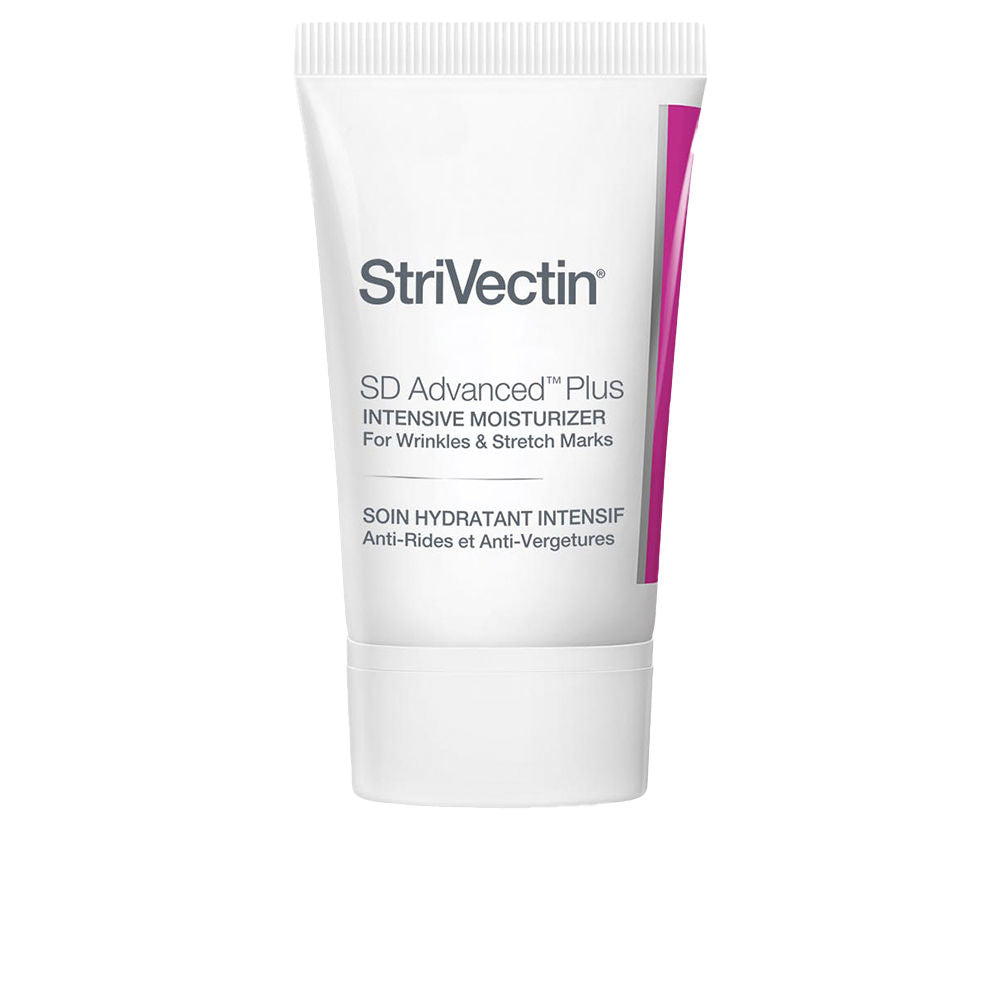 Strivectin White plastic tube moisturizer with purple side stripe, screw cap, printed text and visible brand logo