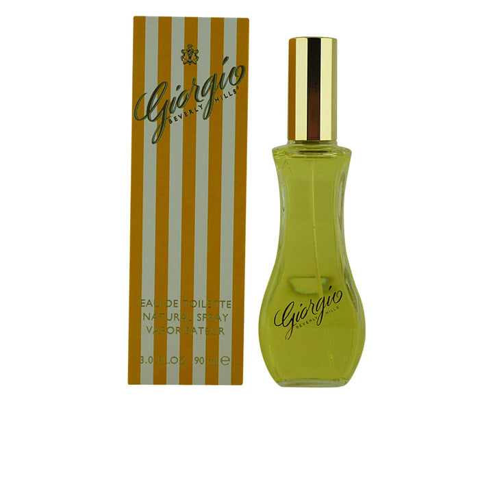 Clear curved glass 90 ml Eau de Toilette with amber liquid and gold-engraved logo