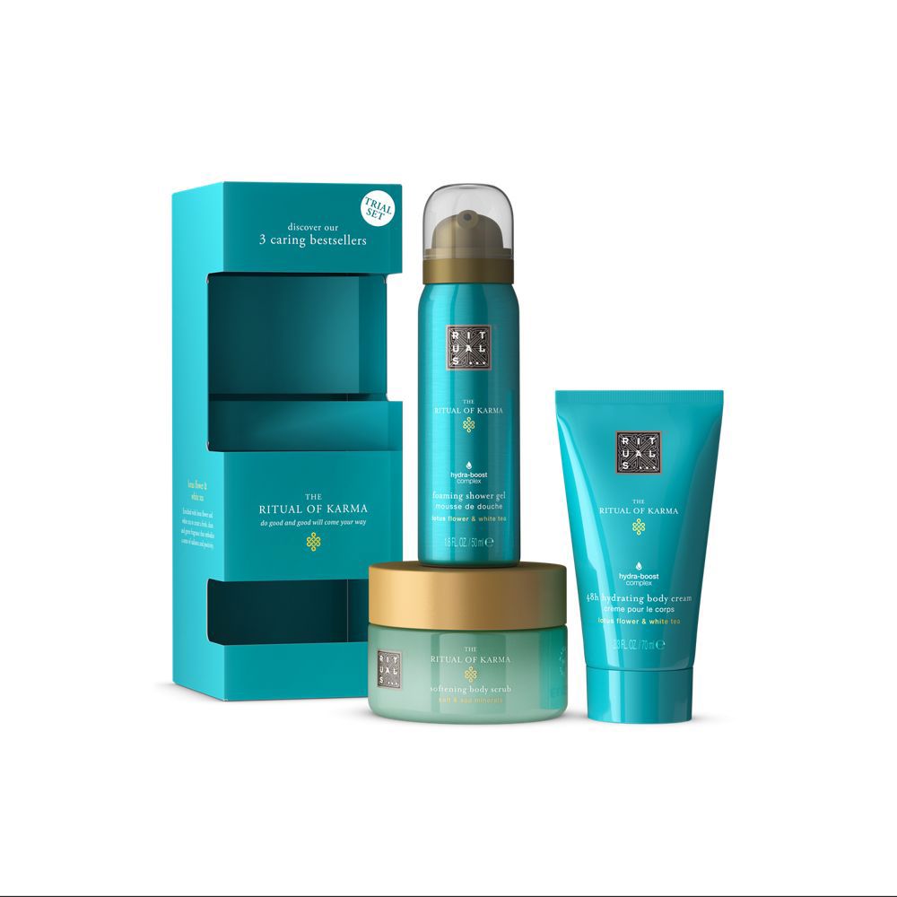 Gift box of three Rituals bath and body products with lotus and white tea scent