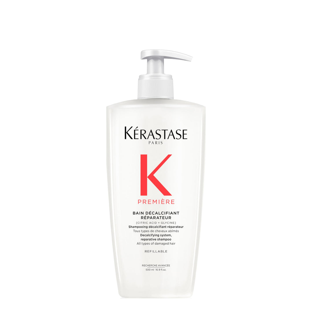 500 ml white creamy pump bottle of decalcifying repair shampoo, refillable packaging