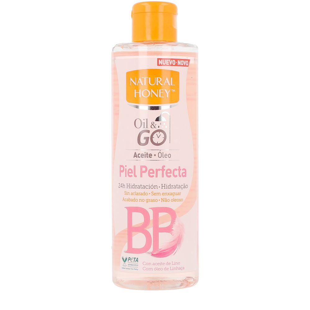 Transparent plastic bottle with pink oil, orange flip cap and printed front logos, Natural Honey
