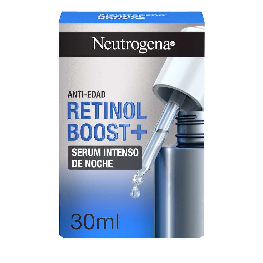 Neutrogena Glass dropper serum bottle with silver cap, blue-to-white gradient label, textured box, clinical modern styling