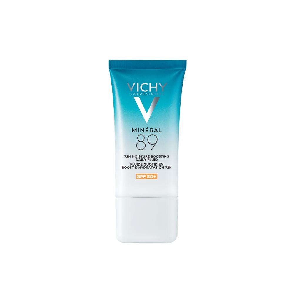 Blue and white plastic rectangular tube with gradient design, screw cap and printed text, Vichy