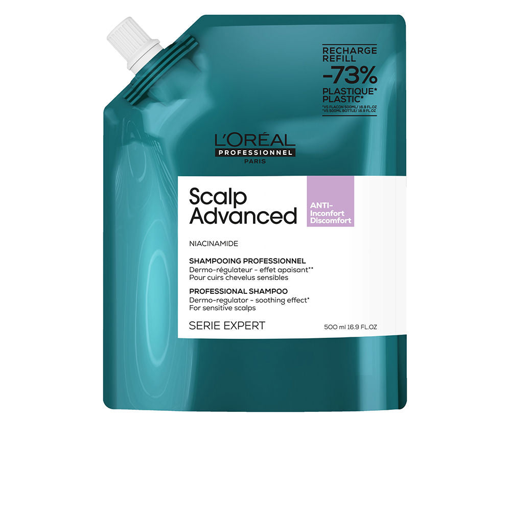 Tall 500 ml clear bottle of AHA clarifying shampoo for oily scalps, refillable packaging