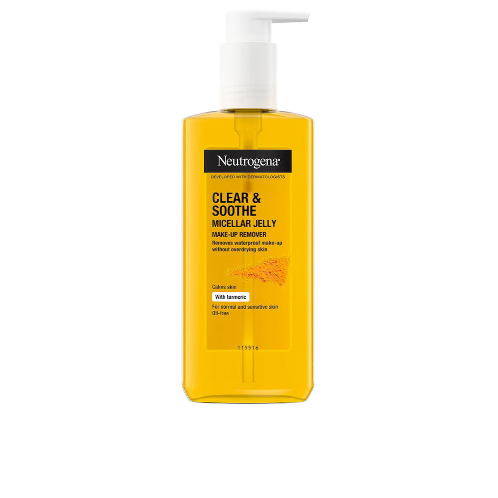 Neutrogena Transparent yellow micellar gel in plastic pump bottle with black-and-white label and turmeric image