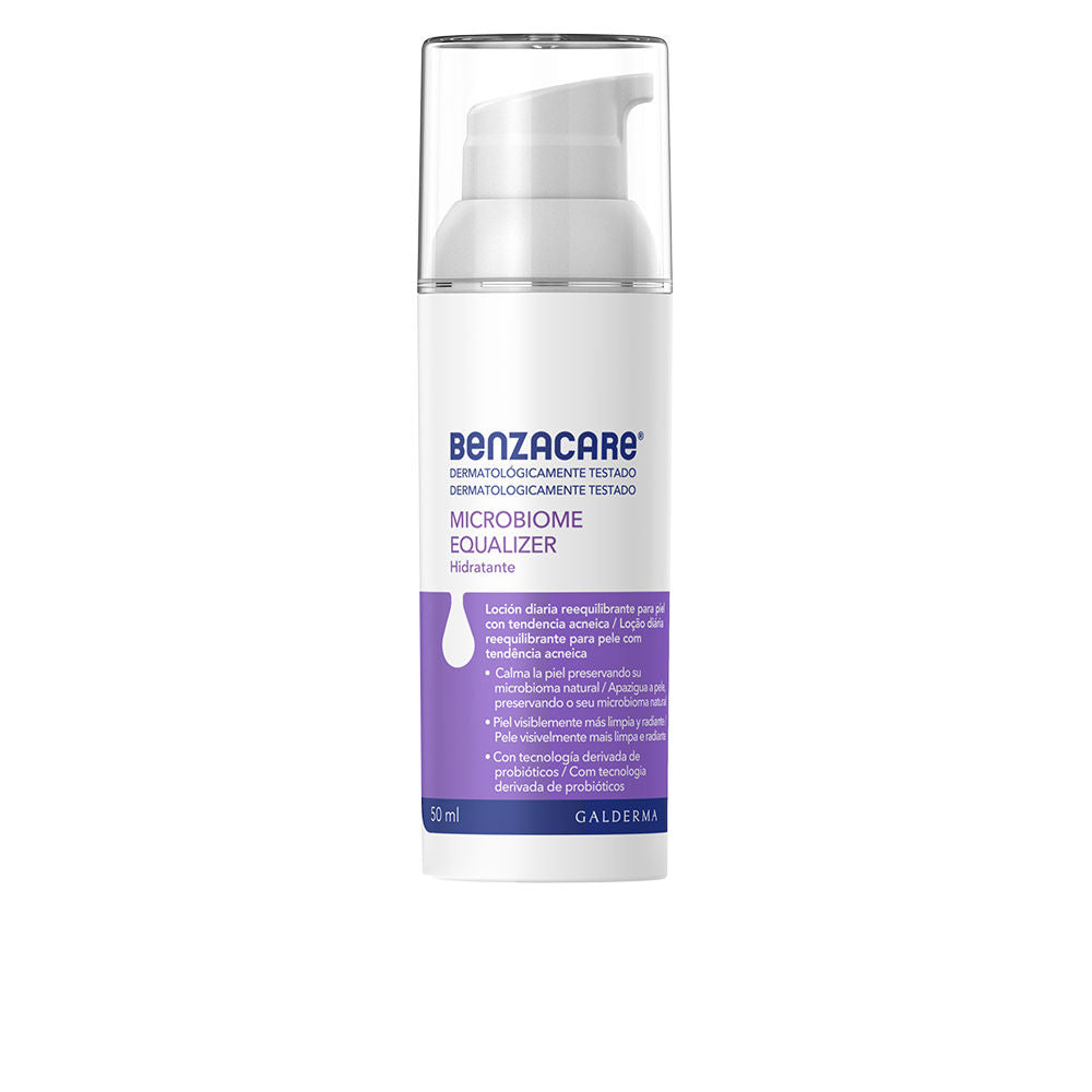 Benzacare Compact cylindrical plastic moisturizer bottle with pump dispenser, clear cap, white and purple minimalist labeling