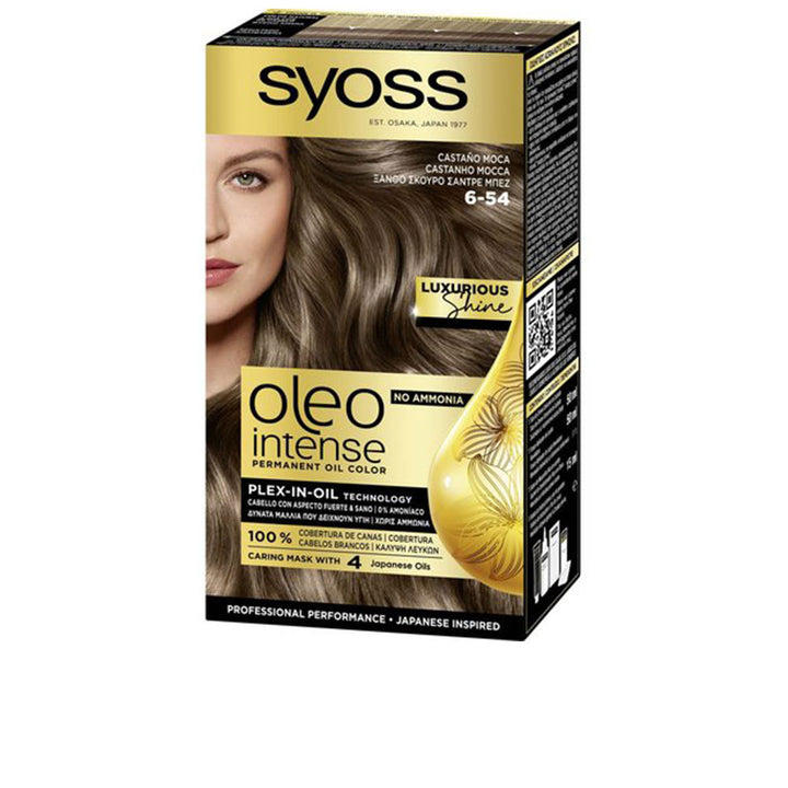 Tube of Oleo Intense oil-cream hair colour, shade 6-54 castaño moca, applicator visible