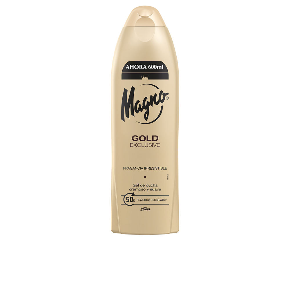Bottle of Magno Gold shower gel with woody-floral fragrance and creamy lather