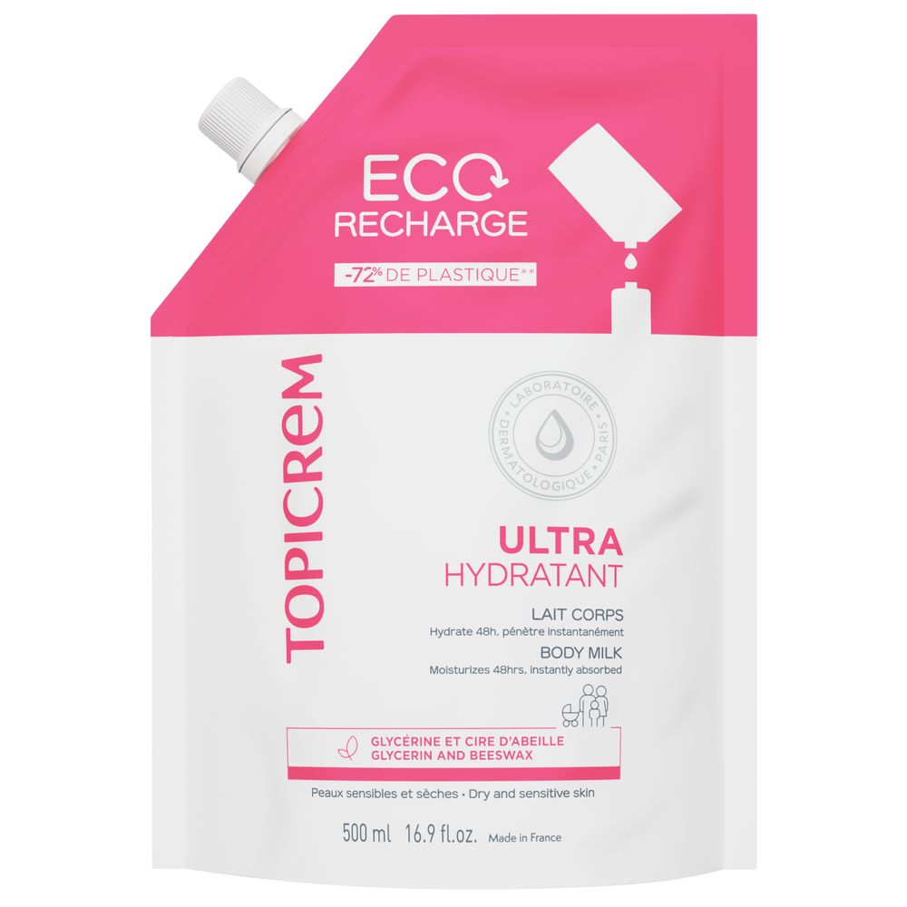 Topicrem Pink-and-white plastic refill pouch with spout cap, vertical brand name text, product icons, minimalist modern design