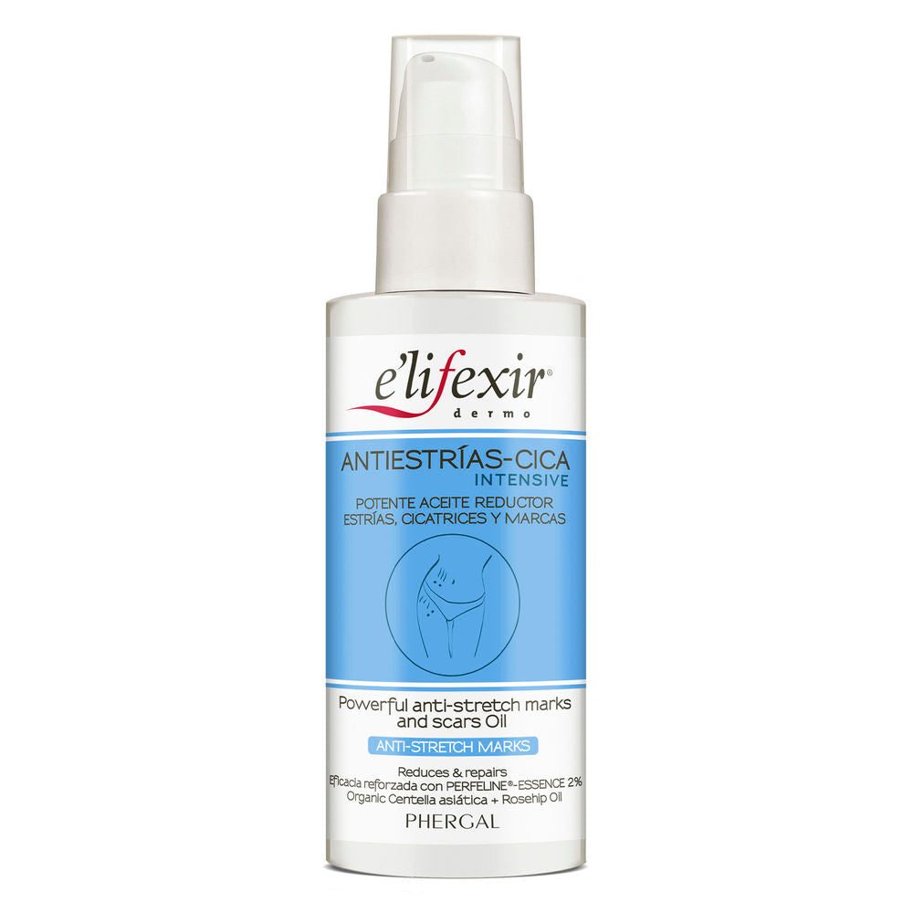 Minimalist white plastic bottle with pump, blue rectangular label section and delicate illustration, E&