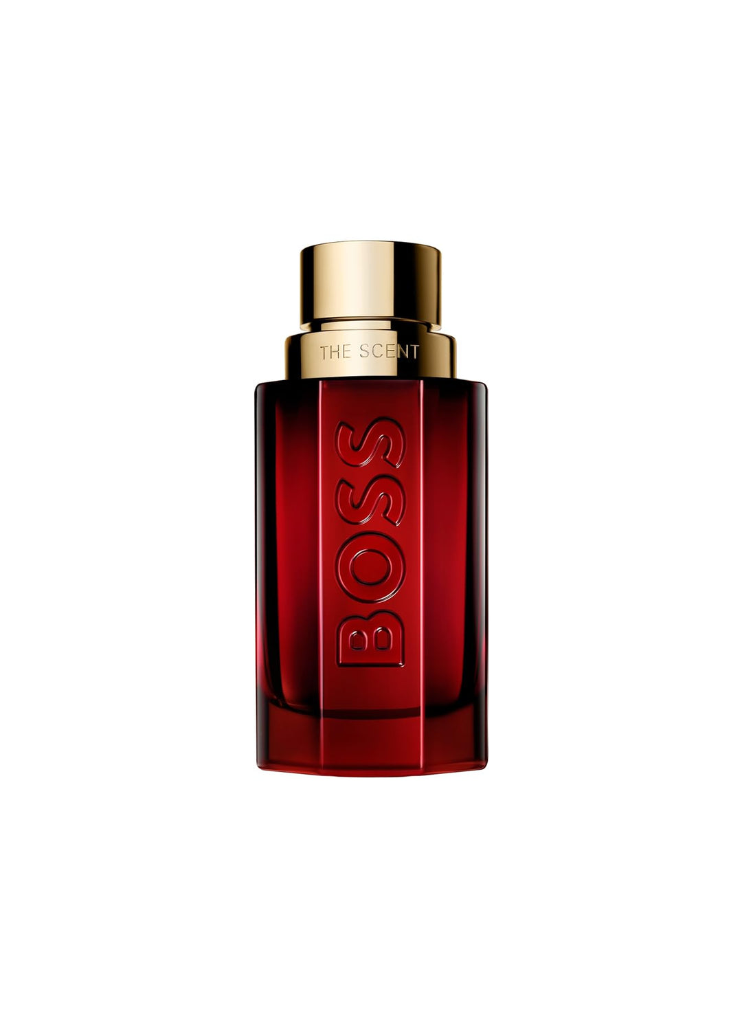 Red glass flacon with satin gold cap, amber leather fragrance, 50 ml