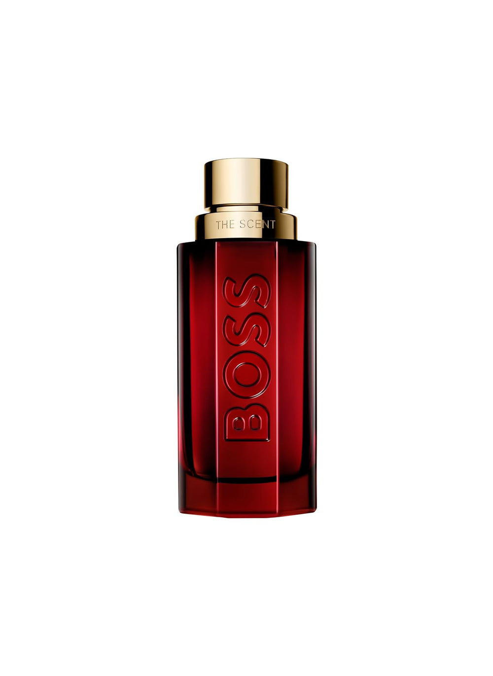 Red glass 100 ml perfume bottle with satin‑gold cap, amber leather fragrance