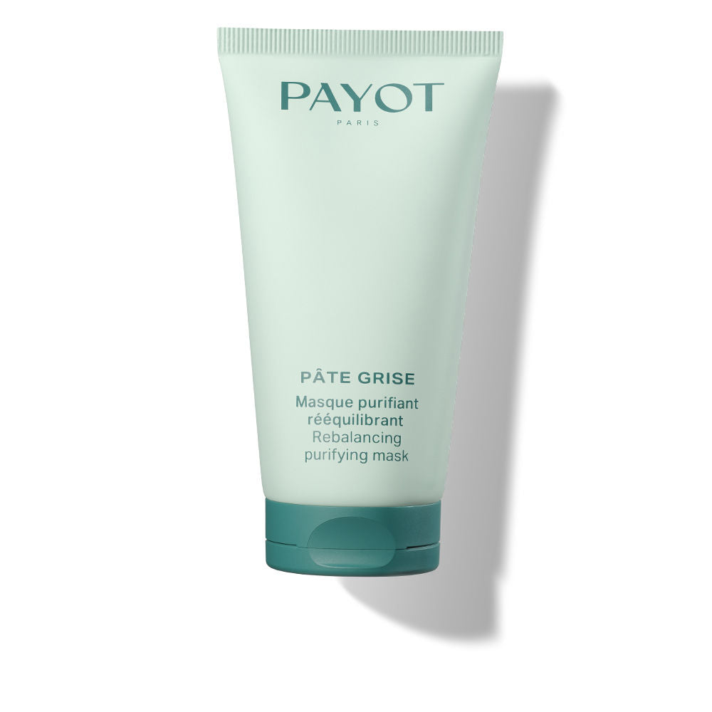 Light green plastic tube mask with dark green flip-top cap, minimalist tube packaging, Payot branding visible