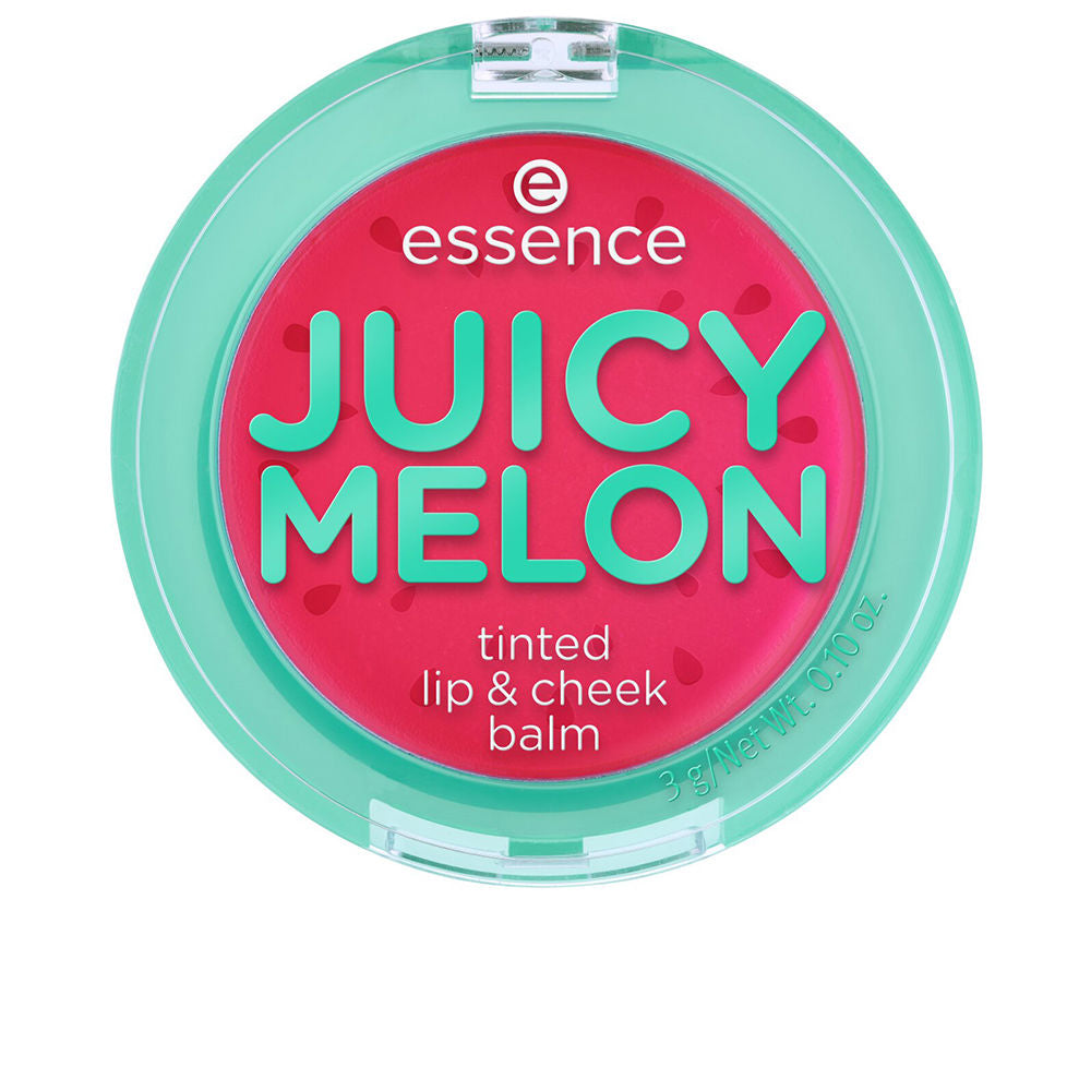 Essence pink and teal round lip & cheek balm in clear-lidded plastic compact with melon seed graphics