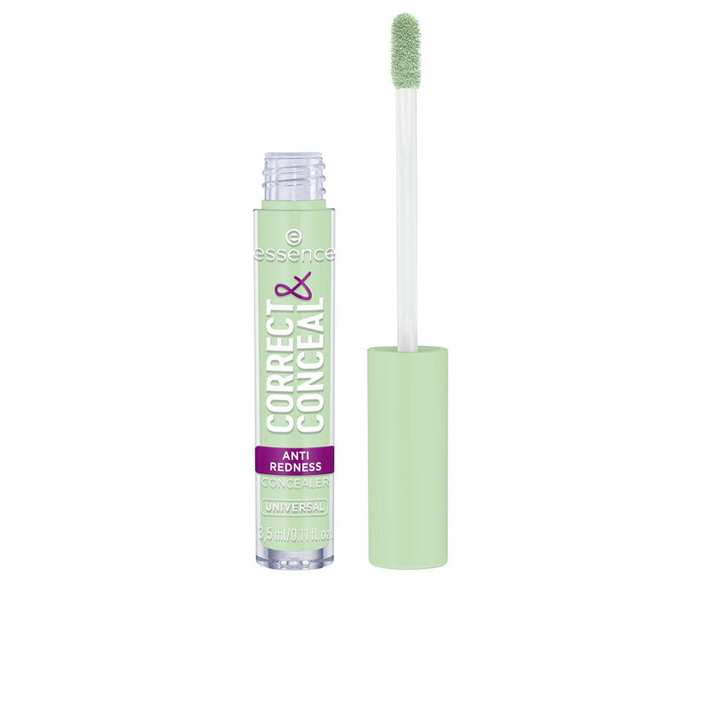 Light green plastic concealer tube with sponge-tip applicator, purple label band and printed text, Essence