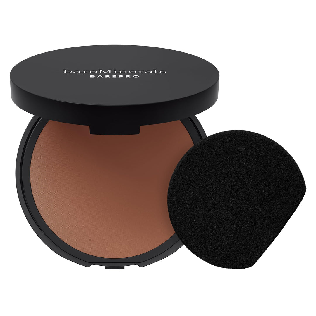 Compact matte mineral powder foundation in labelled pan, deep neutral shade