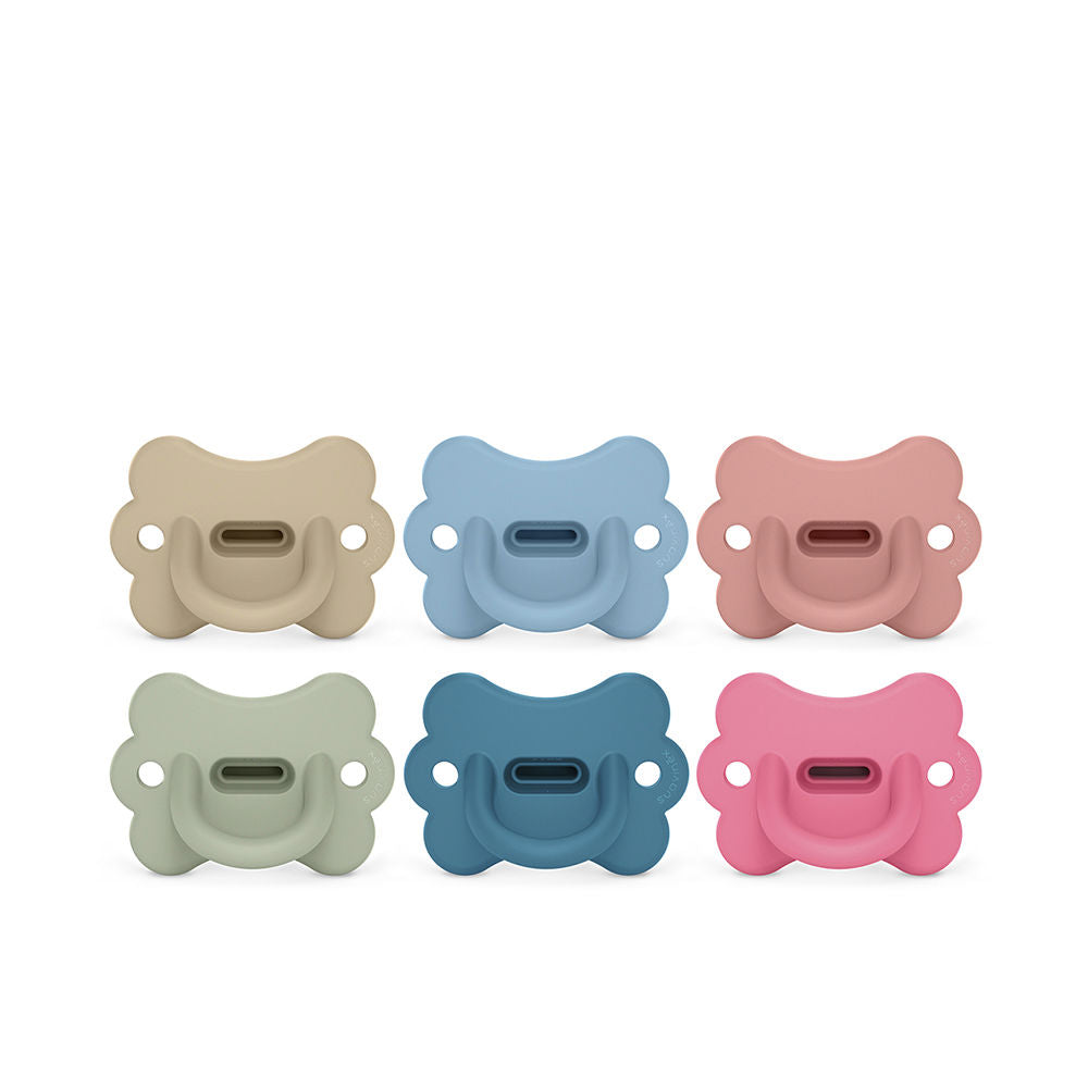 Soft silicone butterfly pacifier with ventilation holes, rounded nipple guard, six matte colors, Suavinex