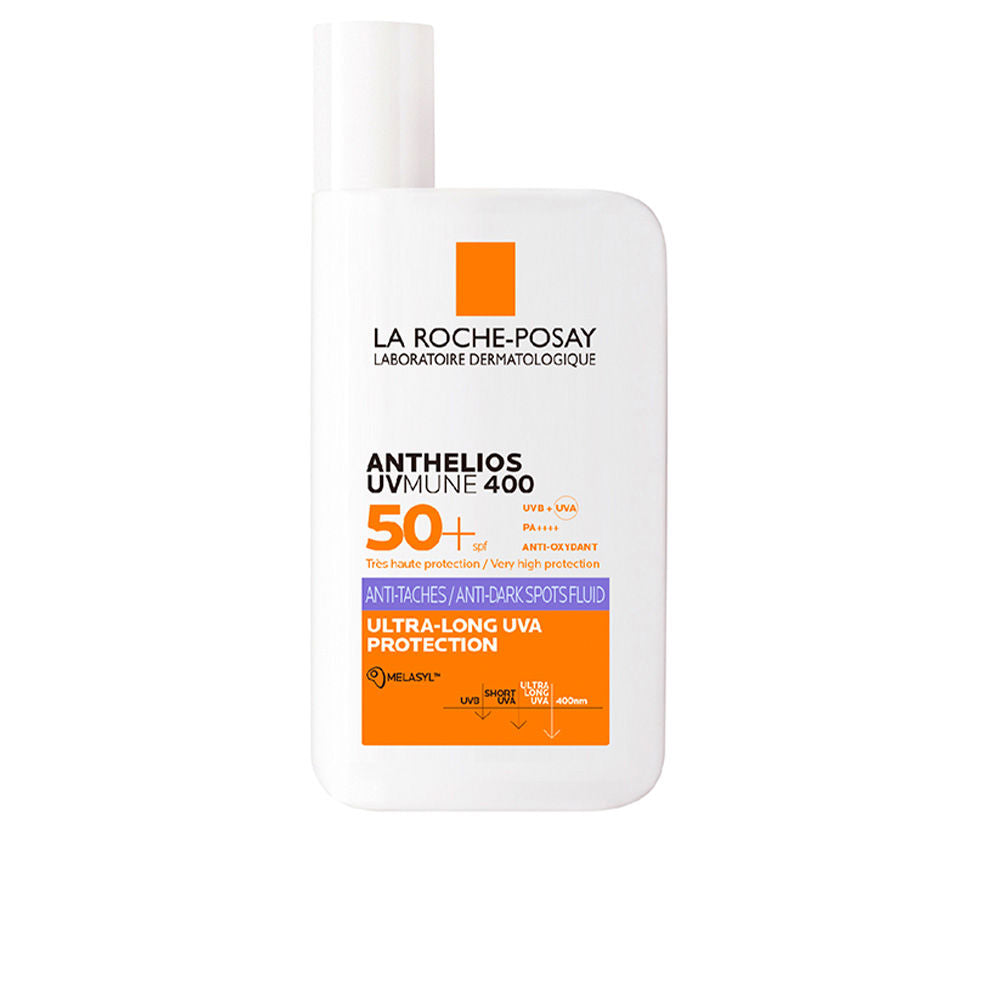 White plastic rectangular sunscreen bottle with flip-top cap, orange square logo and purple color-block accents, la Roche Posay