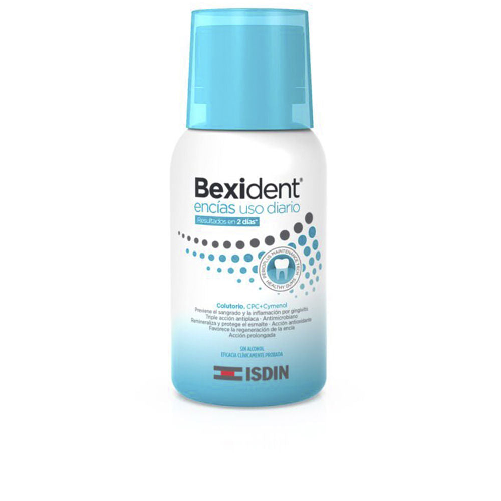 Isdin White-to-blue plastic mouthwash bottle with blue cap, dotted gradient, front text and logo