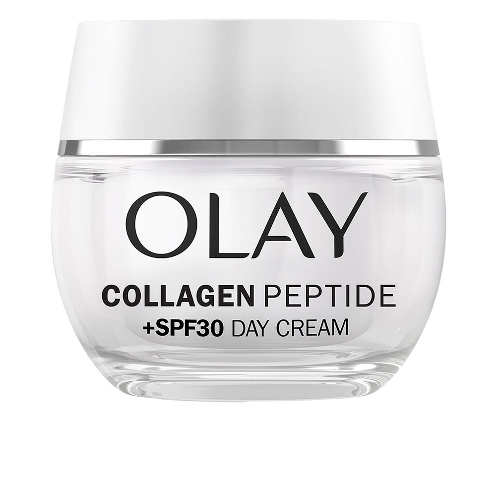 Olay White clear plastic day cream jar with silver band and screw-on lid, minimalist design