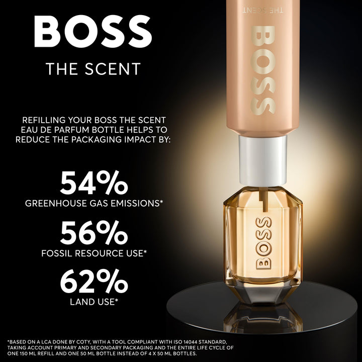 Translucent 150 ml amber‑toned perfume bottle with gold cap, refillable design